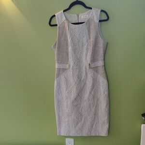 Beige And Cream Patterned Business Dress